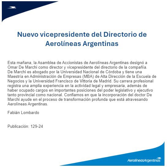Omar De Marchi (@omardemarchi) on Twitter photo Muchas gracias Presidente <a href="/JMilei/">Javier Milei</a> por la confianza en la designación como Vicepresidente de Aerolíneas Argentinas.
Comprometo, como siempre, mi máximo esfuerzo en esta nueva responsabilidad de sostener el camino de profunda transformación que Argentina necesita y que usted Muchas gracias Presidente <a href="/JMilei/">Javier Milei</a> por la confianza en la designación como Vicepresidente de Aerolíneas Argentinas.
Comprometo, como siempre, mi máximo esfuerzo en esta nueva responsabilidad de sostener el camino de profunda transformación que Argentina necesita y que usted