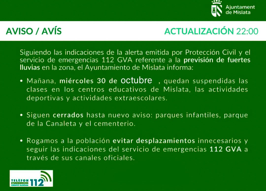 ‼️📢‼️ Aviso para el 30 de OCTUBRE. ‼️📢‼️
#Mislata #Emergencia #Temporal #Lluvias #Dana