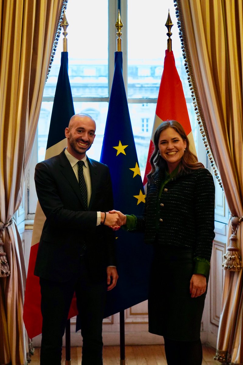 DanishMFA's tweet photo. 🇩🇰EUM @marie_bjerre: "Productive meeting with my 🇫🇷colleague @benjaminhaddad in Paris. We discussed upcoming EU priorities, collaboration during the 🇩🇰 presidency, and how we can strengthen cooperation on the rule of law, 🇪🇺competitiveness, and combating irregular migration." https://t.co/0dXAnRej3F