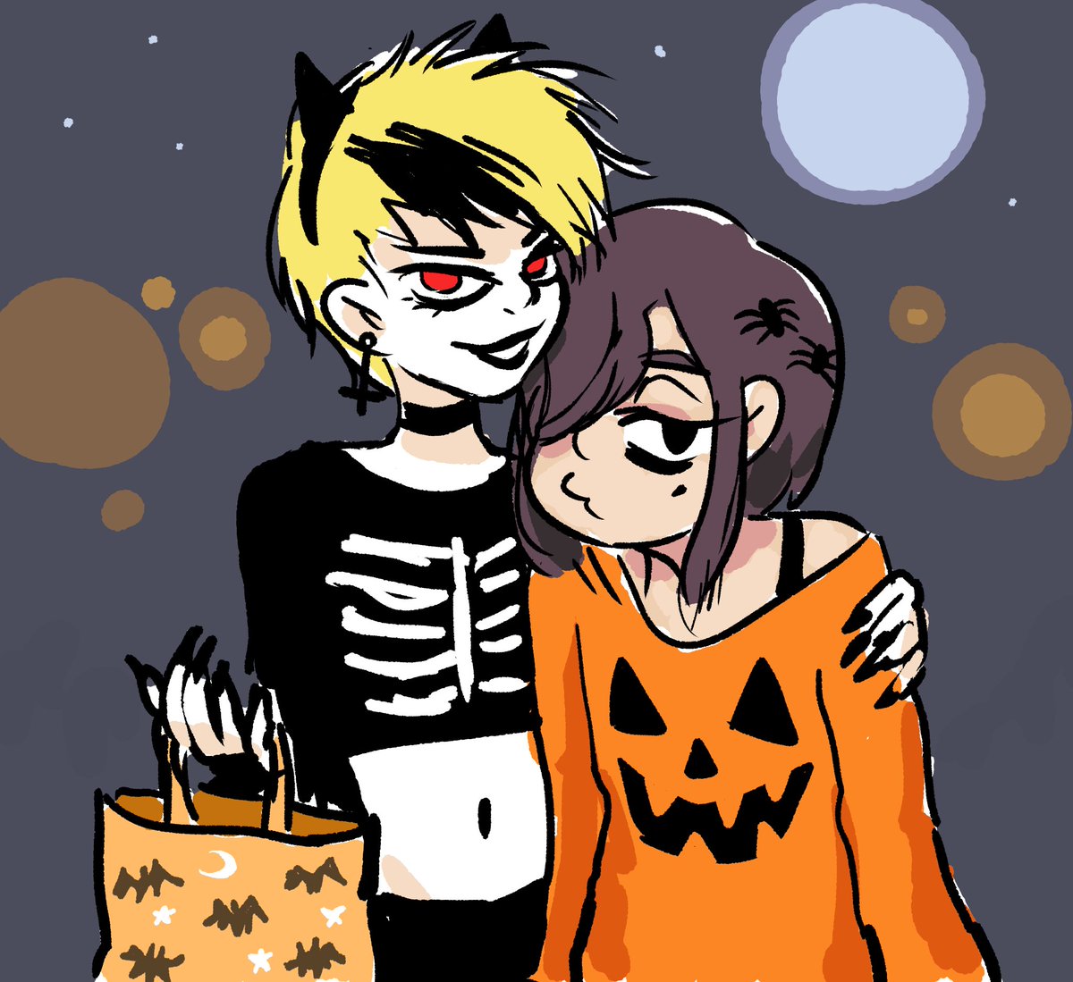 an artist can draw their OCs being cute for halloween... as a treat 🫠
how many worlds did you sacrifice to make this happen, kristian-maria?!
"are you a cat or a skeleton..?" is probably what bees is thinking.