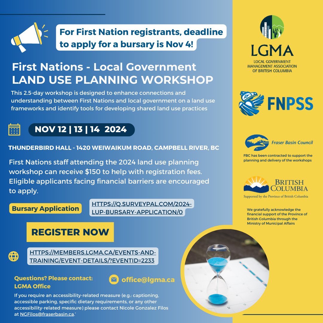 Financial assistance bursaries are available for First Nations staff to help offset registration costs of the LGMA Land Use Planning Regional Workshop. Anyone who meets the eligibility and experiences financial barriers accessing is encouraged to apply! ow.ly/SZAu50TVUgQ