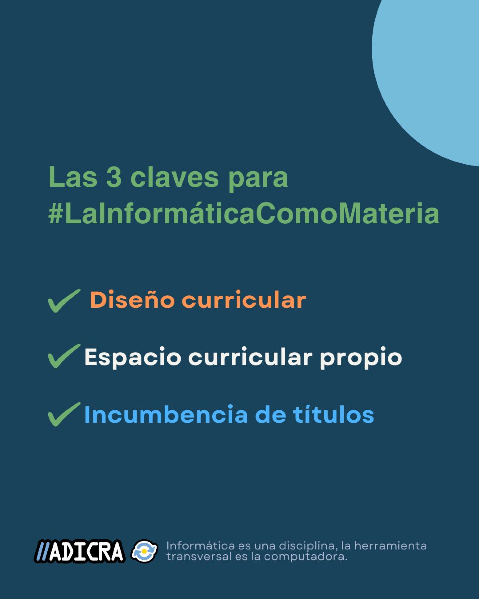 ADICRA's tweet photo. 🌐 La Informática Como Materia en las Escuelas 🌐
Es imporante comprender nuestros claves:
1️⃣ Un diseño curricular que defina los contenidos propios.
2️⃣ Un espacio propio en la caja horaria.
3️⃣ Que se respete la incumbencia de títulos.
#LaInformáticaComoMateria #ADICRA https://t.co/fTi1pOXw2p