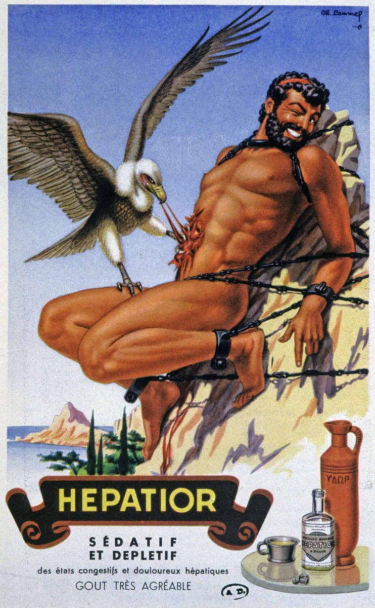 warning for mild illustrative gore but i'm obsessed with this vintage
advertisement for liver medicine featuring pin-up prometheus