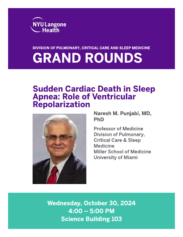 Tomorrow for Pulmonary and Critical Care Grand Rounds, we are pleased to welcome Dr. Naresh M. Punjabi to discuss Sudden Cardiac Death in Sleep Apnea: Role of Ventricular Repolarization

#PulmCrit #GrandRounds #MedEd #PCCM #Sleepmedicine