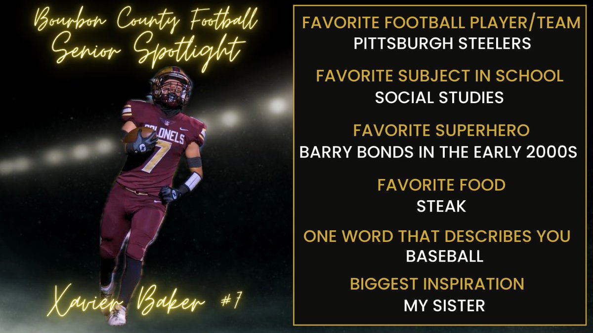Rounding out our Senior Spotlight today is Xavier Baker. Xavier - we are so proud of your accomplishments on and off the field. Continue to #LEADtheWay

Join us in cheering on the Colonels on Friday as we take on Estill County at Home.