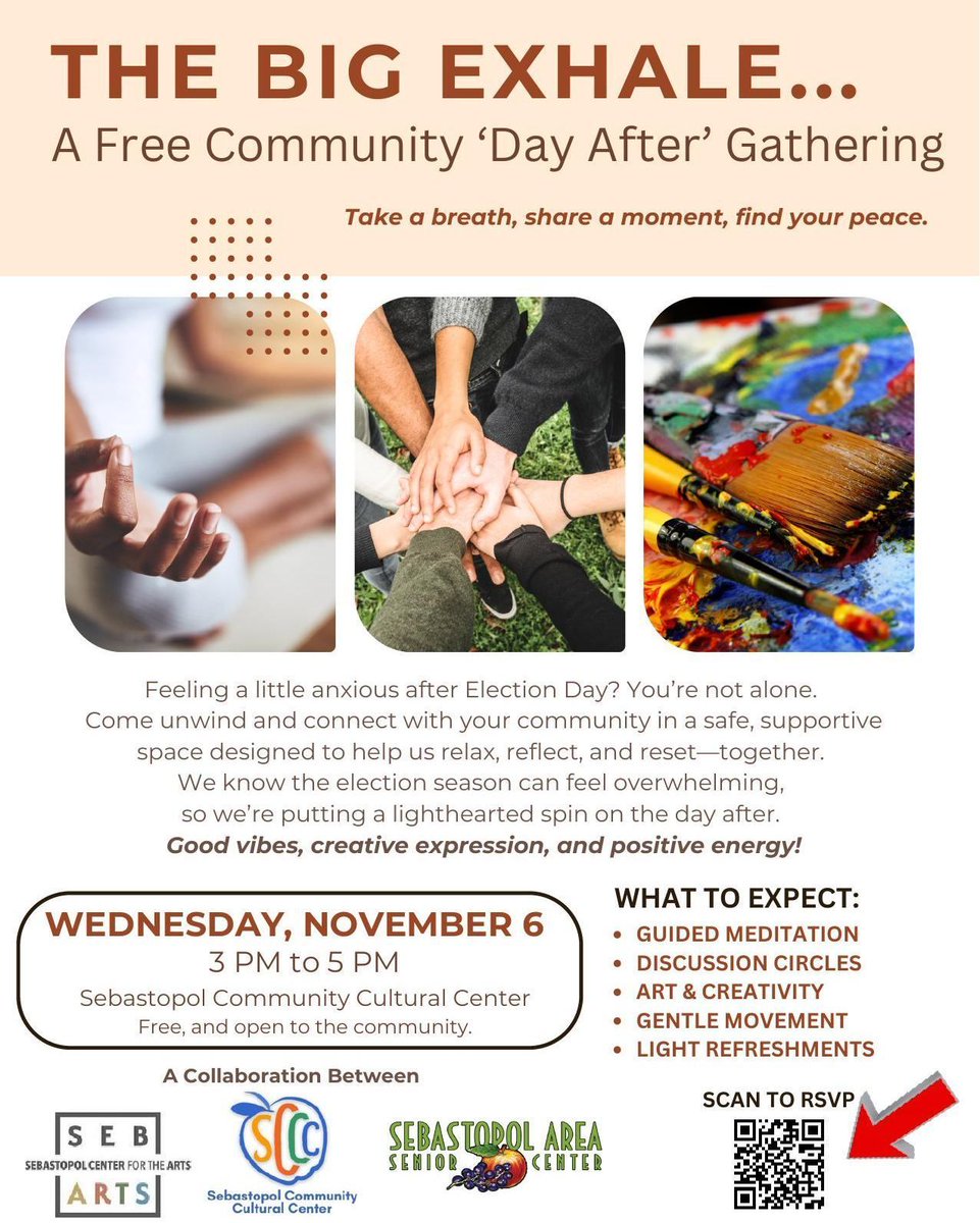Do you need to destress from Election Day? Sebastopol Center for the Arts, Sebastopol Area Senior Center, and the Sebastopol Community Cultural Center have an event for you! Next Wednesday, check out their "The Big Exhale" event from 3 to 5 p.m.

buff.ly/3NIuYuE