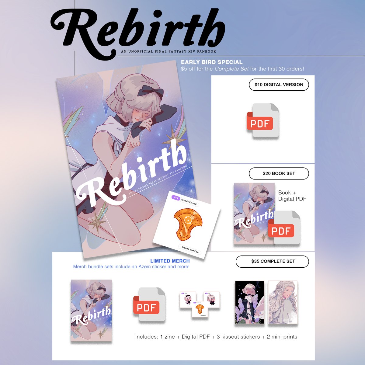 faunna_'s tweet image. [RT appreciated💖] 🌟PRE-ORDERS LIVE🌟
Rebirth is a compilation of my XIV art between 2019-2024. It's 40 pages of full colour illustrations through my years as a sprout to current day! It features mostly my WoL alongside some of my fave NPCs throughout the game.

L!NK BELOW⬇️