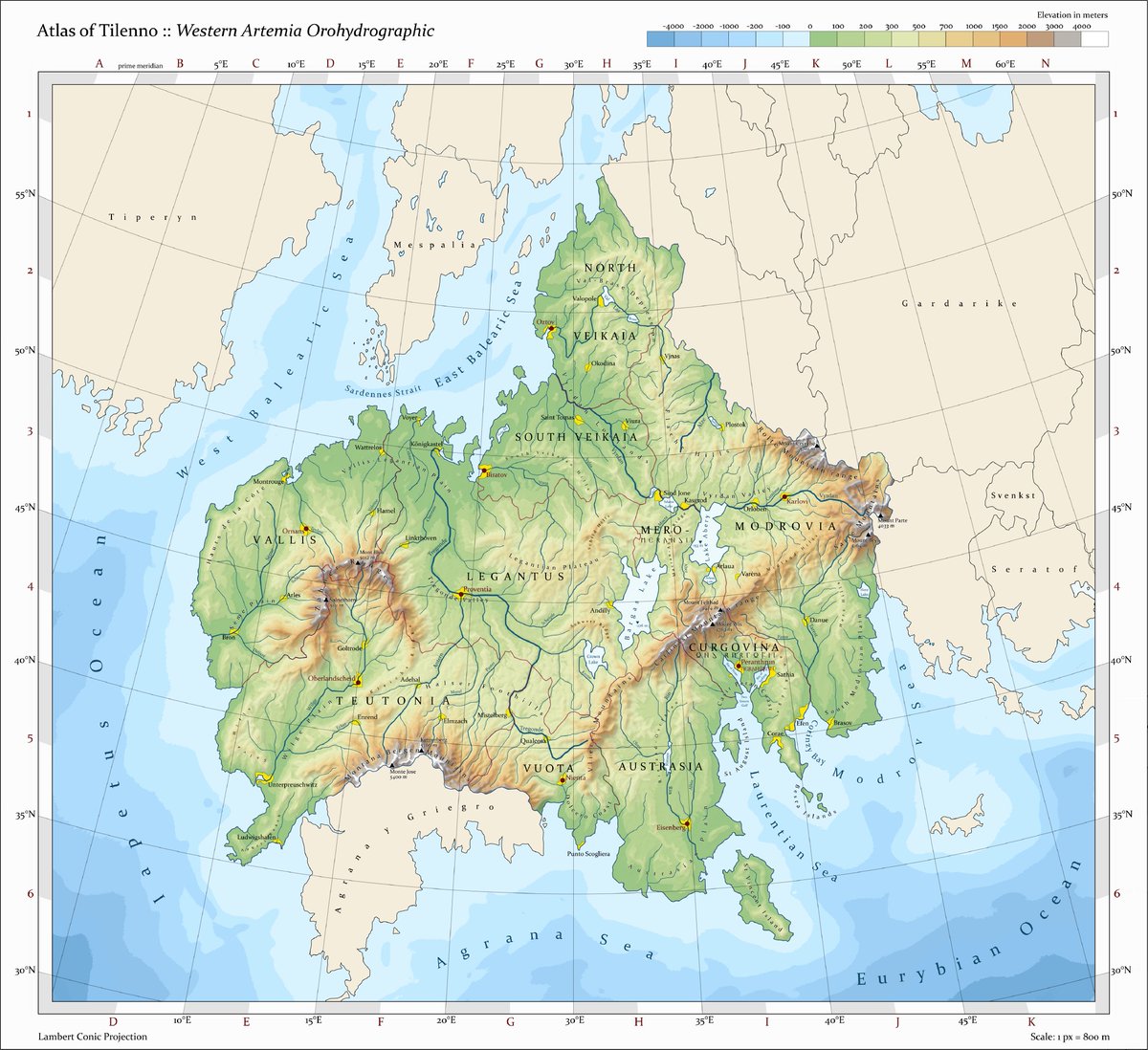 worldanterra's tweet photo. The topography of Western Artemia (borders and country names no longer accurate). Made by member Alcardens https://t.co/mzbIRUjS2V