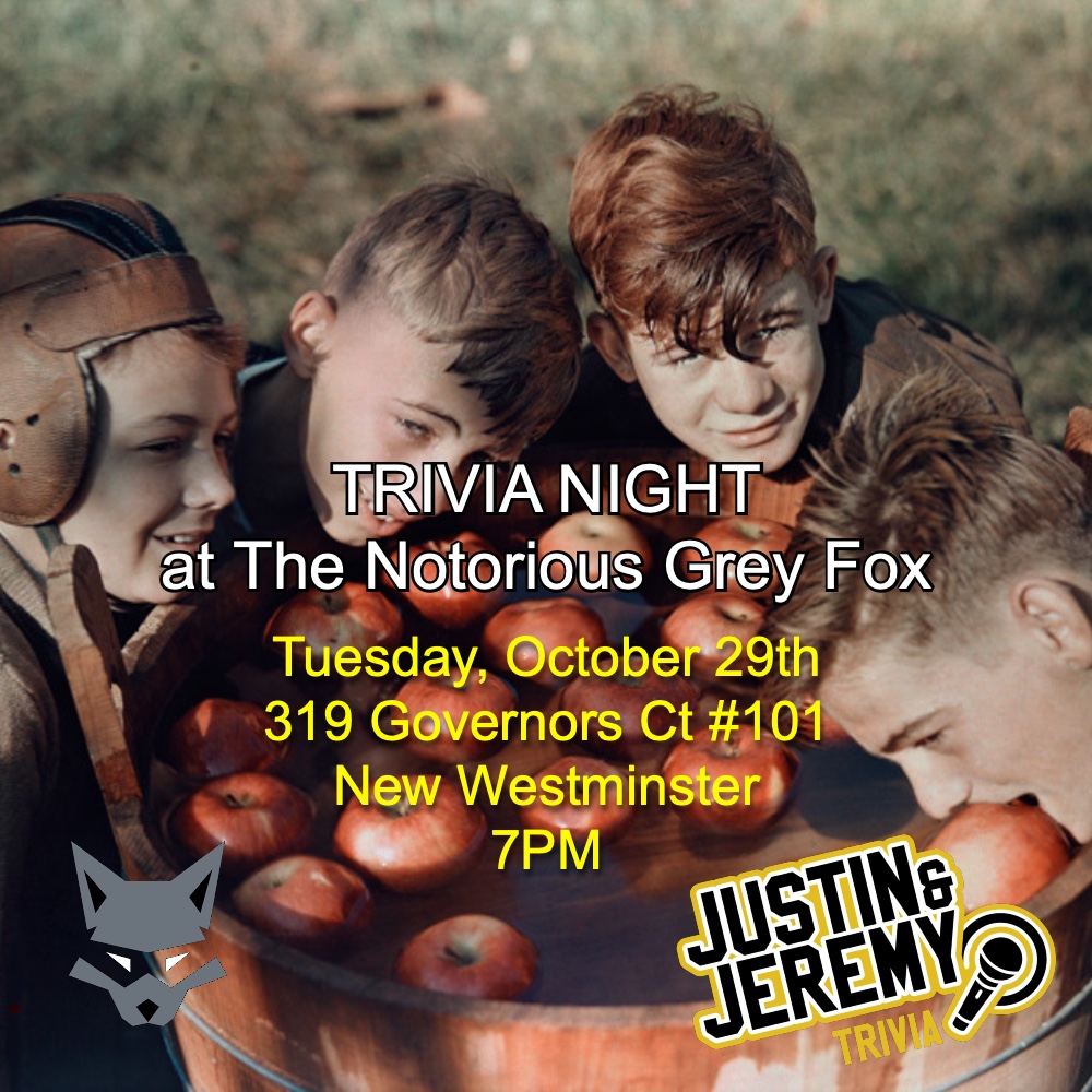 DoubleJTrivia's tweet image. Our bud @JNicComedy  riffed a hilarious bit on bobbing for apples, ancient Romans invading Great Britain, that went into Grandma and Grandpa getting it on.

New West tonight at the Notorious Grey Fox. Be there for 7PM. Spooky season continues for some furious red hot trivia.