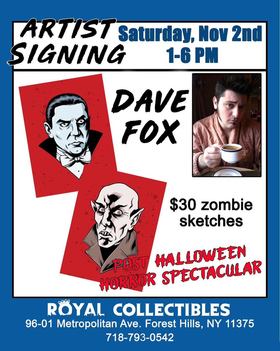 People, I’ll be at America’s favorite comic store Royal Collectibles this Saturday from 1-6pm doing some post-Halloween sketching! Get a $30 zombie commission for the love of Pete!