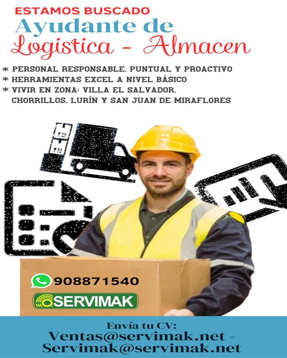 Servimak Eirl (@servimakeirl) on Twitter photo Buen día, querida comunidad, estamos buscando practicante de Logística - Almacén.
Para más información se puede comunicar al número de WhatsApp 908871540 y al correo ventas@servimak.net💚
#Trabajar #trabajo #empleo #logistics #Excel #villaelsalvador Buen día, querida comunidad, estamos buscando practicante de Logística - Almacén.
Para más información se puede comunicar al número de WhatsApp 908871540 y al correo ventas@servimak.net💚
#Trabajar #trabajo #empleo #logistics #Excel #villaelsalvador