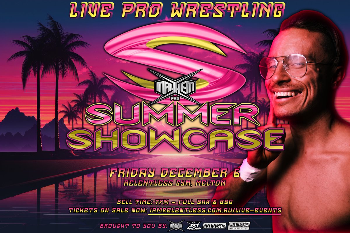 Mayhem Pro (@mayhempro_) on Twitter photo Get your tickets to our final event of the year SUMMER SHOWCASE!
Be there live to see what <a href="/LochyHendricks/">“The Aspirationalist” Lochy Hendricks</a> does next, after winning the Relentless Rumble title shot!
Friday, Dec 6
Relentless Gym, Melton
Tix🎟️: iamRelentless.com.au/live-events
Event details: tinyurl.com/cjaad2d2 Get your tickets to our final event of the year SUMMER SHOWCASE!
Be there live to see what <a href="/LochyHendricks/">“The Aspirationalist” Lochy Hendricks</a> does next, after winning the Relentless Rumble title shot!
Friday, Dec 6
Relentless Gym, Melton
Tix🎟️: iamRelentless.com.au/live-events
Event details: tinyurl.com/cjaad2d2