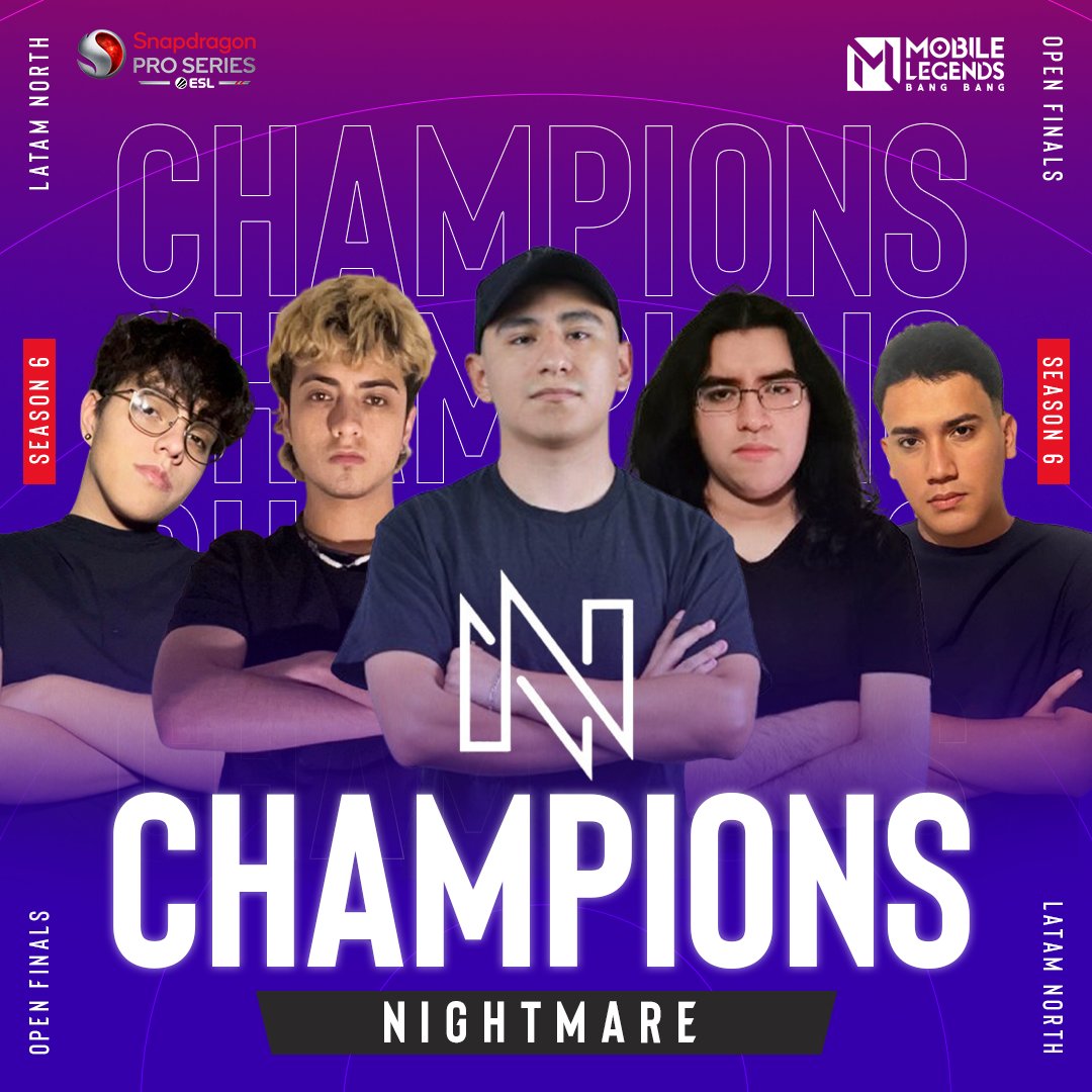 ESLMLBB's tweet photo. 🏆After an intense day of competition, we have our winners! Congratulations to Nightmare for taking the title of the @Snapdragon Mobile Open Finals Season 6 LATAM North Champions. 

Sadly, their journey ends here in the #SnapdragonProSeries for #MLBB this season 🫡 https://t.co/ifixkEo7wu