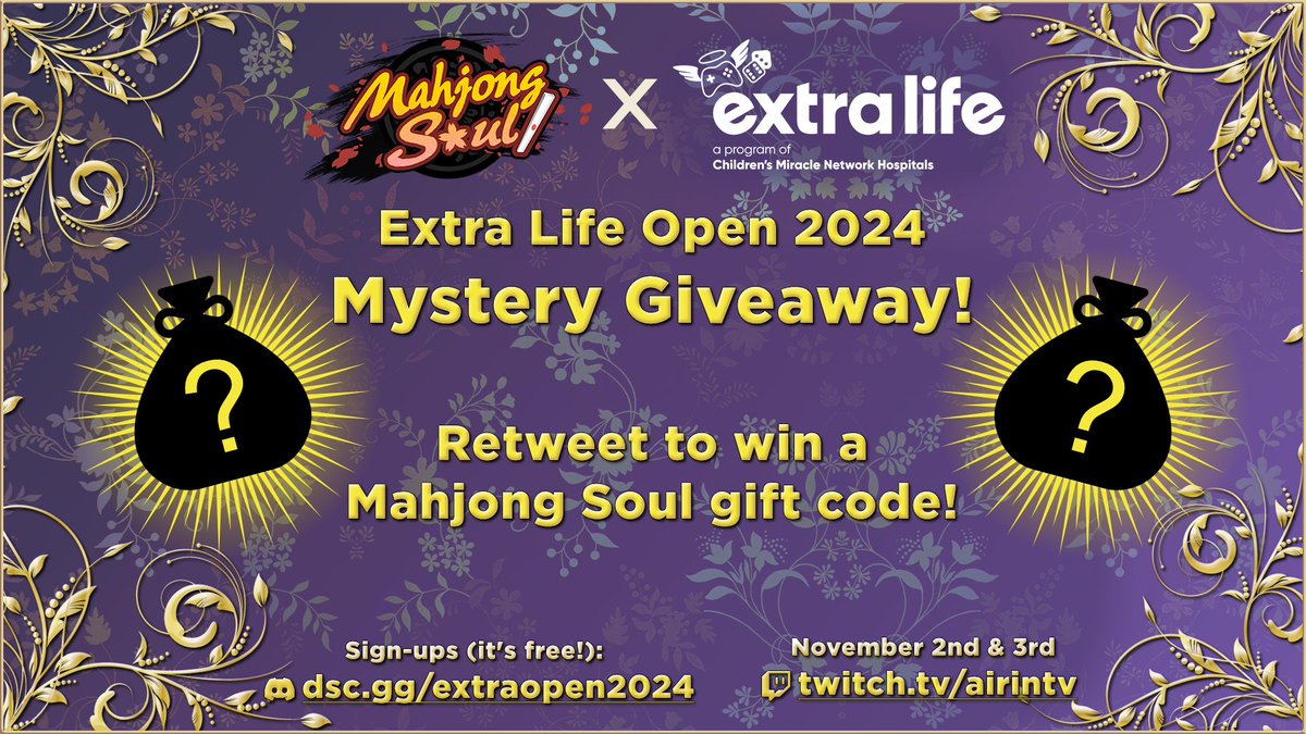 AirinTV's tweet image. We are giving away gift codes for a mysterious prize celebrating the 5th Edition of the Extra Life Open 2024!
Follow us and share this post for a chance to win in this giveaway sponsored by Yostar! 2 winners will be chosen at random.
#MahjongSoul #ExtraLife #Yostar