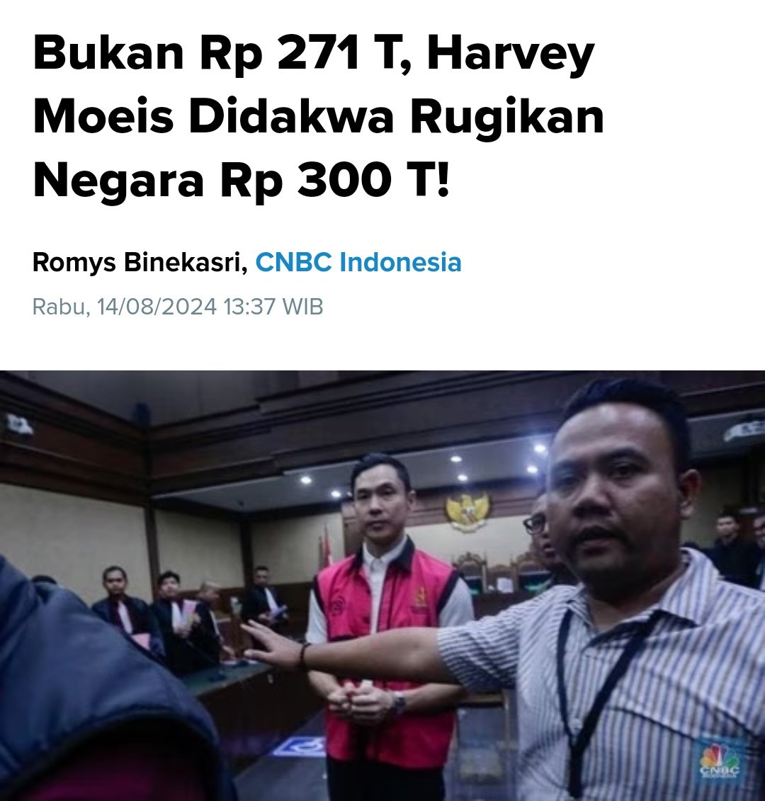 Kalu nyang 400M ajah bikin Tom Lembong terancam hukuman seumur hidup,
Gimana sama yg ini ya ?

Bukan Rp 271 T, Harvey Moeis Didakwa Rugikan Negara Rp 300 T‼️

cnbcindonesia.com/market/2024081…