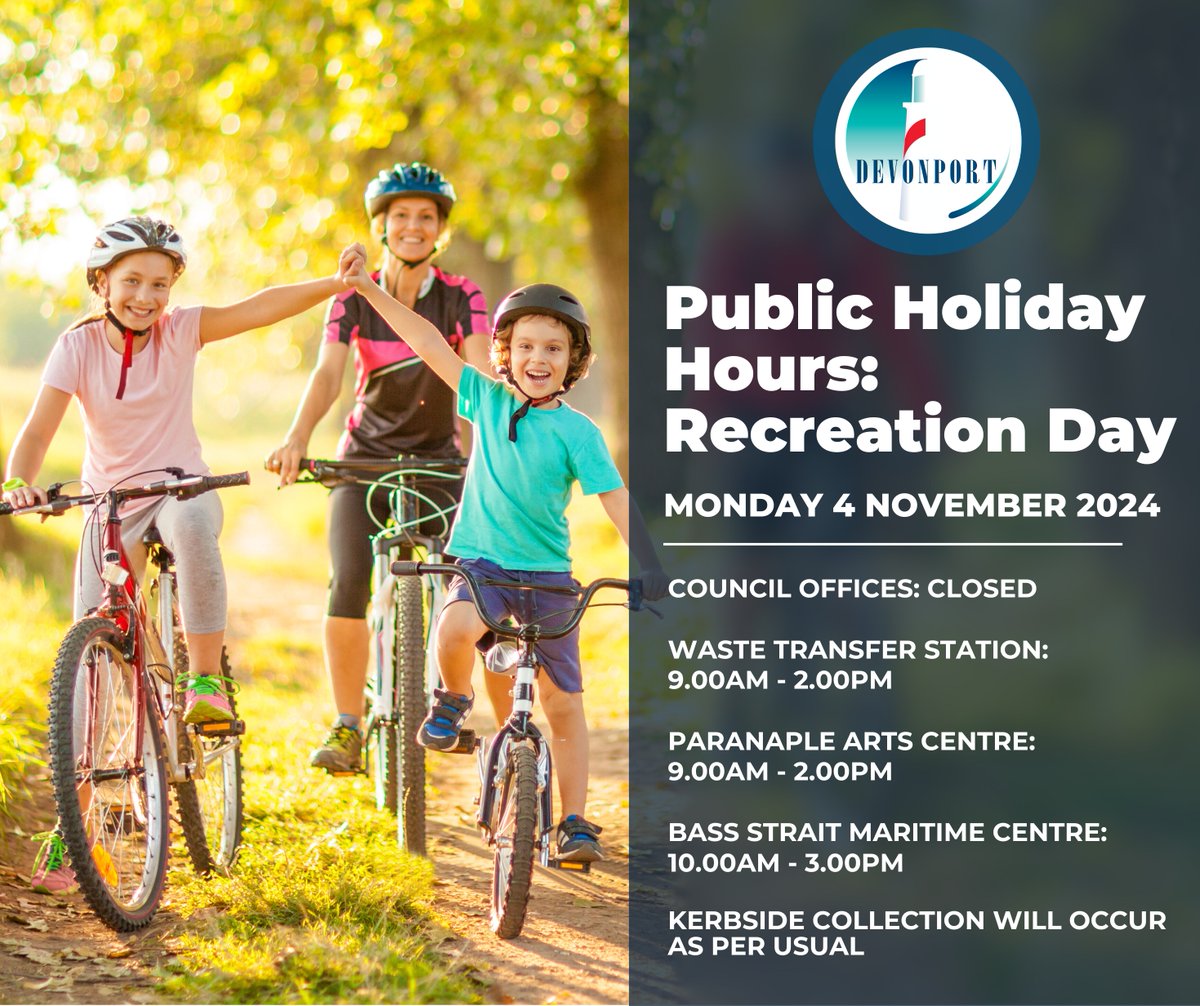Recreation Day is Monday, 4 November 2024 - Please check opening hours for our community facilities.

Council Offices: CLOSED
paranaple Arts Centre: 9am-2pm
Bass Strait Maritime Centre: 10am-3pm
Waste Transfer Station: 9am-2pm
Kerbside waste collection: Operating as usual.
