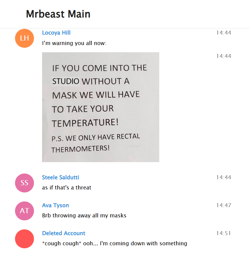 RosannaPansino's tweet photo. Incorrect.

Multiple people from these chats have confirmed they were work chats and they discussed work often. I've attached just a few examples (with some insurance fraud as well).

I honestly didn't think the Gooner Gang (Keemstar and his attack puppies) would band together to defend pedo jokes in the 'MrBeast Main' Telegram chat, but here we are 🤮

Side note, I've heard from multiple sources that @Keemstar is in business with #MrBeast in an undisclosed partnership. Care to clear that up, Keem?