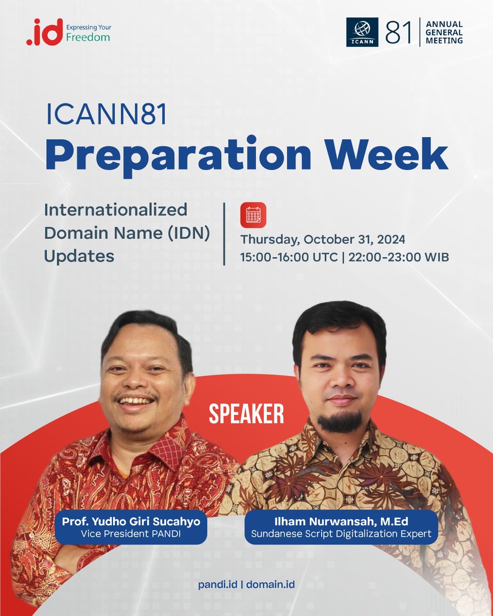 Pandi_ID's tweet image. ICANN81 Preparation Week!

Topic: Internationalized Domain Name (IDN) Updates

The session presents updates on the ongoing work on the implementation of Internationalized Domain Names (IDNs) for second-level and the top-level domains.

#PANDI #ICANN #ICANN81 #IDN