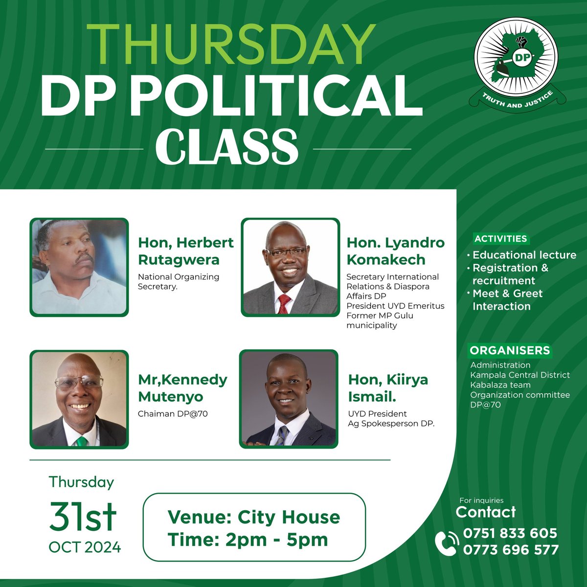 Uganda Young Democrats Makerere University Chapter (@uyd_makerere) on Twitter photo The Thursday #DPPoliticalClass is Back!
As a commemoration of 70 years of the First-born Political Party in Uganda, the mighty Democratic Party #DPat70 π₯³π...we're glad to share with the Young Democrats <a href="/Makerere/">Makerere University</a> that these mind sharpening class sessions are shaping Integrity π The Thursday #DPPoliticalClass is Back!
As a commemoration of 70 years of the First-born Political Party in Uganda, the mighty Democratic Party #DPat70 π₯³π...we're glad to share with the Young Democrats <a href="/Makerere/">Makerere University</a> that these mind sharpening class sessions are shaping Integrity π