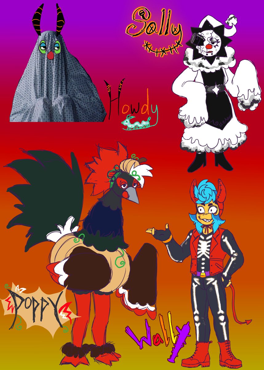 aaay ya! nearing the spoopy holiday. here's a little ref sheet of half of the nerighbor's halloween costumes. 

#welcomehome
#welcomehomeau
#wallydarling
#hyperpoppunkau
#poppypartridge
#sallystarlet
#howdypillar