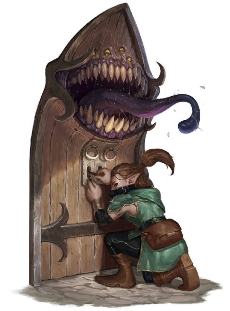 The ever-elusive mimic is currently in the form of a door, where is that door you ask? The final door of a long dungeon you’ve had to tirelessly fight your way through. A bountiful treasure waits behind, all you have to do is open the door and claim your reward.