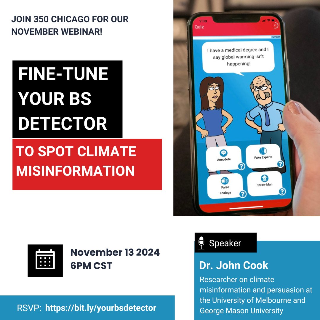 Fine-tune Your BS Detector to Spot Climate Misinformation. Join us for an important Webinar w/ Dr. John Cook: Senior Research Fellow at the U of Melbourne Centre for Behaviour Change. RSVP: bit.ly/yourbsdetector