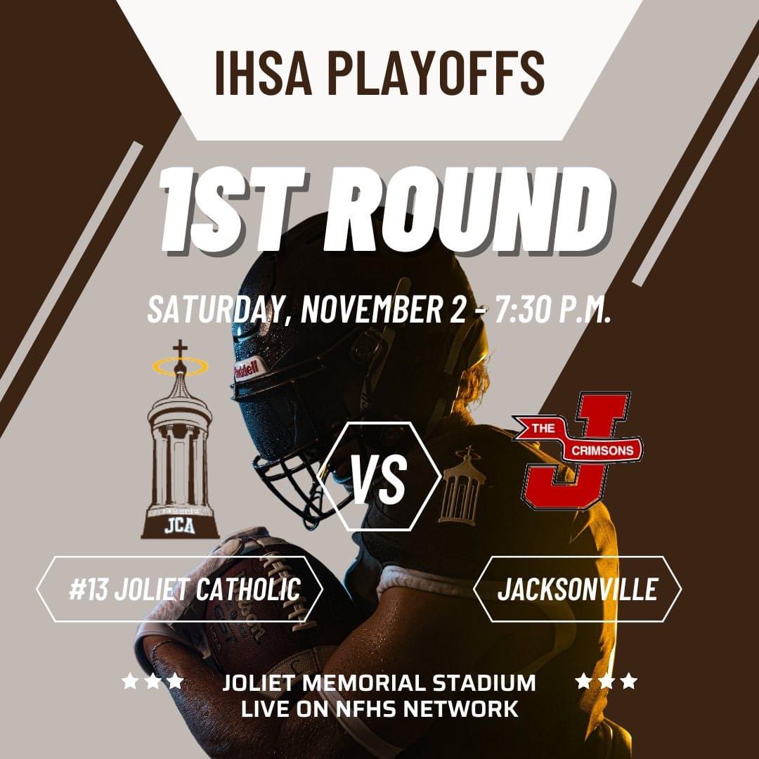 IHSA Class 5A Playoffs - 1st Round

JCA Hilltoppers vs. Jacksonville Crimsons

📅 Saturday, November 2
⏰ 7:30 p.m. 
🏟️ Joliet Memorial Stadium
📍 3000 W Jefferson St. Joliet, IL 60435
🎟 $6 Online Only: gofan.co/event/2119703?…
📺 Livestream: nfhsnetwork.com/events/joliet-…

#GoHill