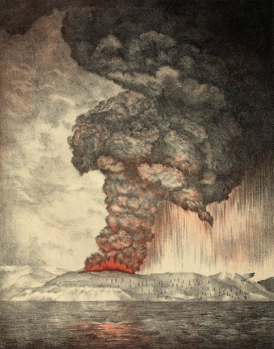 viagempassado's tweet photo. 5. ERUPÇÃO DO KRAKATOA – 1883

Em 1883, o vulcão Krakatoa explodiu na Indonésia, liberando uma energia equivalente a 200 megatons de TNT e gerando tsunamis devastadores. Cinzas vulcânicas se espalharam pela atmosfera, reduzindo a temperatura global e resultando em colheitas arruinadas ao redor do mundo. A erupção ainda influenciou a arte e a ciência, com o céu colorido sendo registrado em pinturas e estudos de meteorologia.