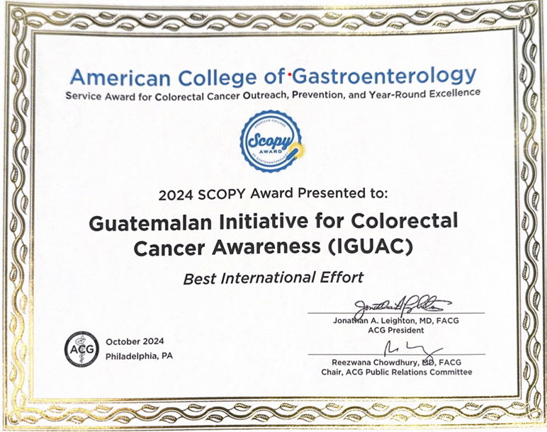 We are Grateful and thrilled to have received the Scopy Award at #ACG2024 this year, for Best International Effort #IGUAC is the first Guatemalan Initiative for Colorectal Cancer Prevention, thanks to all my colleagues in <a href="/HRooseveltGT/">Hospital Roosevelt</a>  for make this a reality <a href="/AmCollegeGastro/">ACG</a>