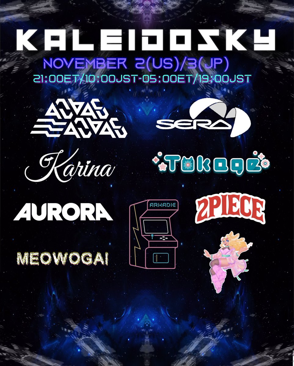 #Kaleidosky is the place for art and music in VR.we have a special lineup for the crazy time change! Feat. <a href="/anubasu_JP/">anubasu-anubasu</a> <a href="/KarinaMaenashi/">前無かりな（karina）</a> <a href="/SeraAkai/">Sera Akai/赤井世良</a> <a href="/vrctokage/">とかげ／Tokage</a> <a href="/twopiecedior/">DIOR🐶 (2 PIECE) 🔜 MFF</a> Aurora @VirtualArKadie <a href="/MeOwOgai/">MeOwOgai</a> and Mama Ru.

Join to Ru in #VRChat or join the Group:vrc.group/BEAT.5507