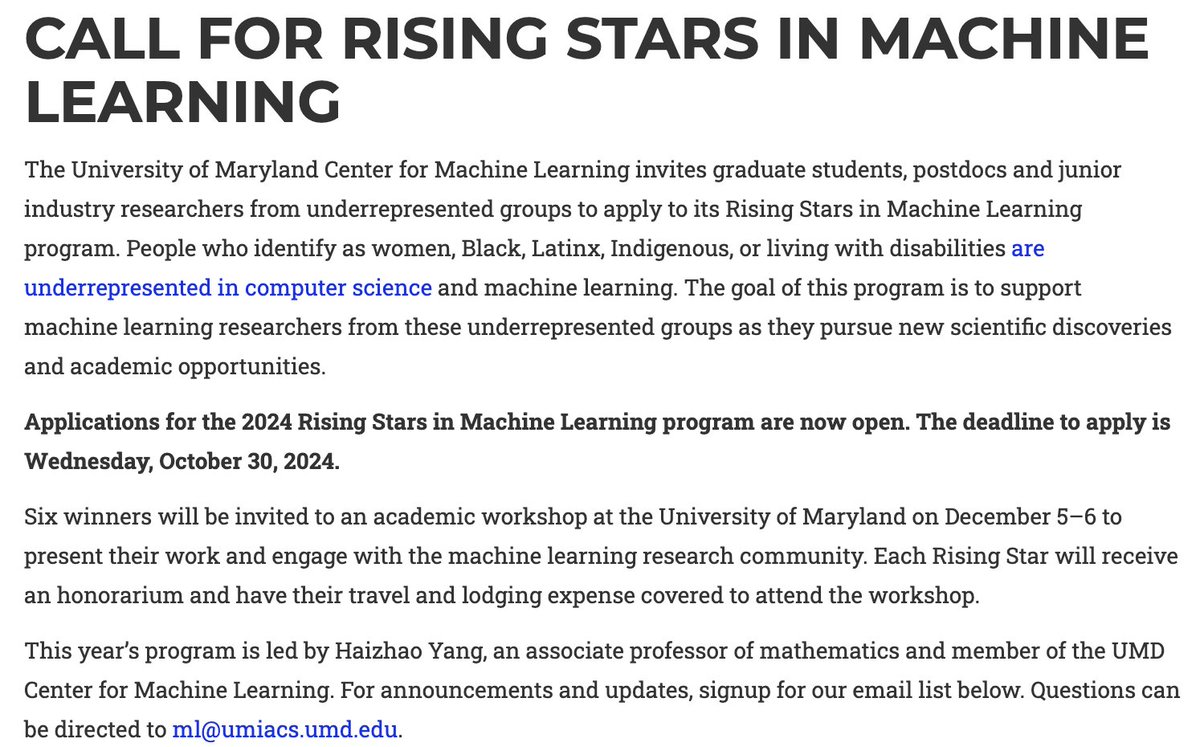 Jia-Bin Huang (@jbhuang0604) on Twitter photo PSA: The Center for Machine Learning <a href="/ml_umd/">UMD Center for Machine Learning</a> invites applications for 2024 ✨Rising Stars in Machine Learning ✨.
Please help spread the info and encourage people to apply!
📅 Deadline: Wednesday, October 30, 2024! PSA: The Center for Machine Learning <a href="/ml_umd/">UMD Center for Machine Learning</a> invites applications for 2024 ✨Rising Stars in Machine Learning ✨.
Please help spread the info and encourage people to apply!
📅 Deadline: Wednesday, October 30, 2024!
