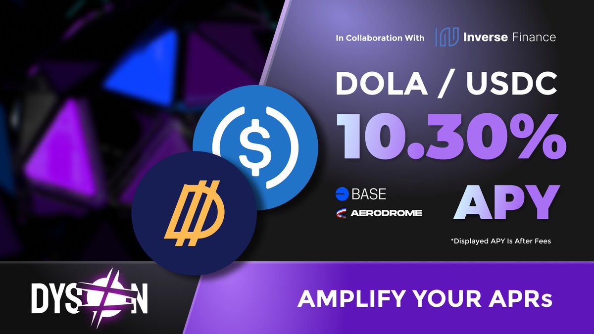 <a href="/InverseFinance/">Inverse</a> members, don't let your $DOLA collect dust! Put it to work with our $DOLA - $USDC vault and start earning amplified yields today! 

$DOLA - $USDC ➡️ app.dyson.money/all?id=dyson-b…