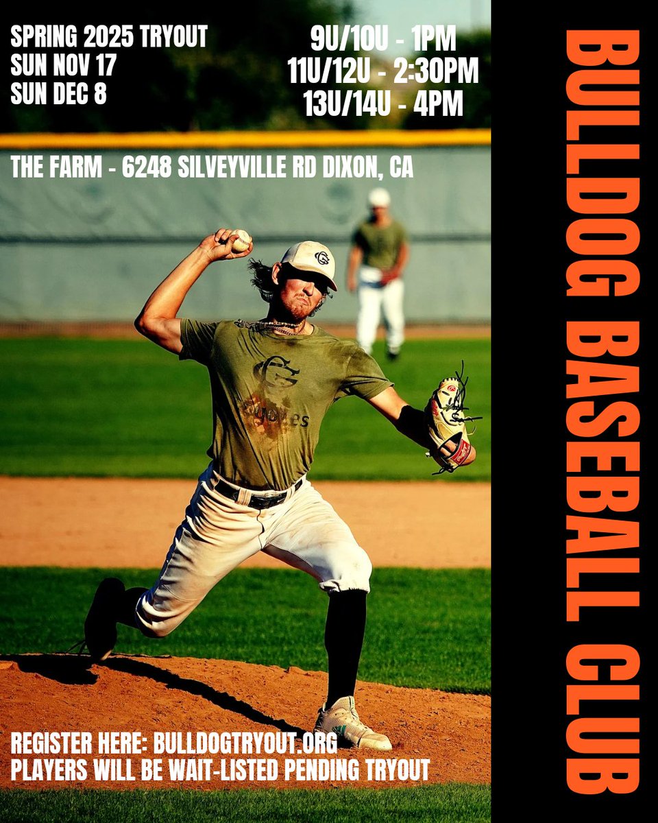 BulldogBC's tweet photo. Bulldog Baseball Club Spring 2025 Tryout
Register at https://t.co/N0FqspzvK4 to join wait-list pending player assessment. 
November 17
December 8
The Farm in Dixon https://t.co/Zl9J0SyQGu