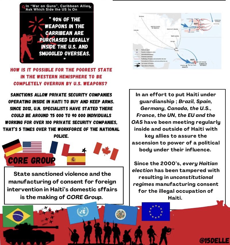 15Delle's tweet photo. The relation between organized crime and foreign interference in Haiti. Here is an infographic contextualizing  violence as state policy weild to produce destabilization in order to justify the neocolonization of Haiti. https://t.co/qxVSi0meuX