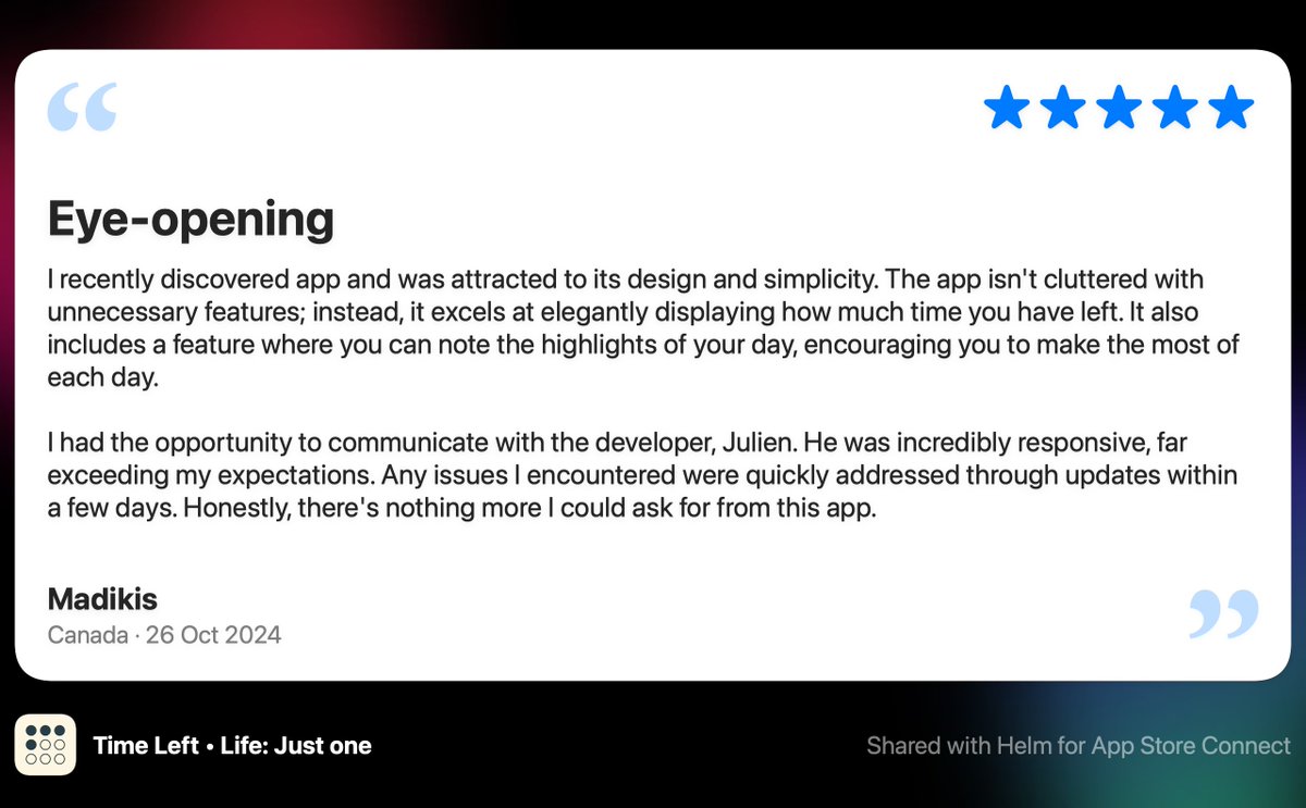 JulienLacr0ix's tweet image. It’s really great to receive these kinds of reviews! 😍

@LifeJustone is a simple app, the kind I love to create.
Users who appreciate this type of product love it too.

If you use my products, feel free to reach out anytime at julien@lacroix.dev.
I’m here if you have any…