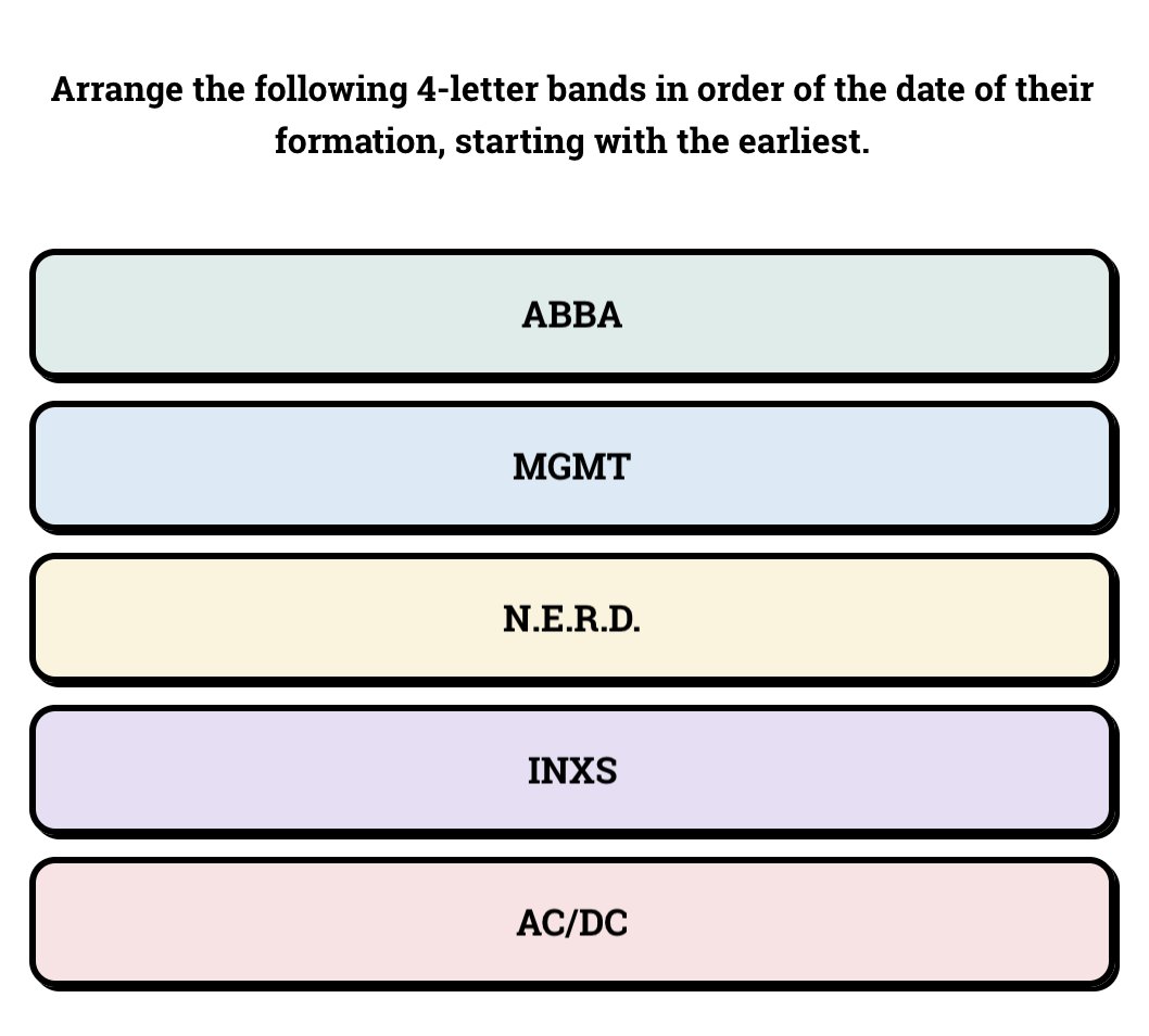 pentasort's tweet photo. You can now play games from the Pentasort archive. Just choose 'Archive' from the main menu. That means if you miss today's ABBA-solutely great question, you can play it tomorrow instead!  

Have a go at https://t.co/7RTMZo5UBJ

#quiz #trivia https://t.co/v5fhv1Hw9r