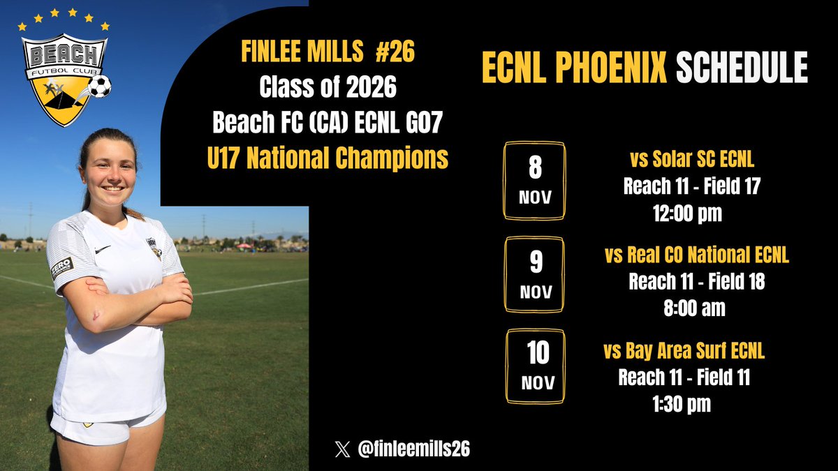 FinleeMills26 (2026) (@finleemills26) on Twitter photo ECNL is coming up! Come watch me and <a href="/BeachFC_G07ECNL/">Beach FC G07 ECNL</a> play! <a href="/ImYouthSoccer/">ECNL/GA/Recruiting/College Soccer</a> <a href="/ImCollegeSoccer/">College Soccer Truth ™</a> <a href="/TopDrawerSoccer/">TopDrawerSoccer</a> <a href="/PrepSoccer/">Prep Soccer ⚽️</a> <a href="/PrepSoccerCA/">Prep Soccer California</a> <a href="/TheSoccerWire/">SoccerWire</a> <a href="/JREskilson/">J.R. Eskilson</a> ECNL is coming up! Come watch me and <a href="/BeachFC_G07ECNL/">Beach FC G07 ECNL</a> play! <a href="/ImYouthSoccer/">ECNL/GA/Recruiting/College Soccer</a> <a href="/ImCollegeSoccer/">College Soccer Truth ™</a> <a href="/TopDrawerSoccer/">TopDrawerSoccer</a> <a href="/PrepSoccer/">Prep Soccer ⚽️</a> <a href="/PrepSoccerCA/">Prep Soccer California</a> <a href="/TheSoccerWire/">SoccerWire</a> <a href="/JREskilson/">J.R. Eskilson</a>
