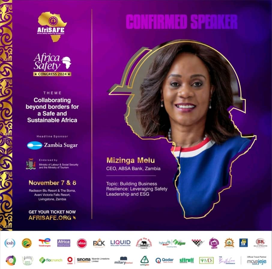 FinInsightZam's tweet image. 🥳 𝗜𝗻𝘁𝗿𝗼𝗱𝘂𝗰𝗶𝗻𝗴 #𝗔𝗳𝗿𝗶𝗦𝗔𝗙𝗘 𝟮𝟬𝟮𝟰 𝗦𝗽𝗲𝗮𝗸𝗲𝗿: @mizingamelu 

We are excited to announce that Mizinga Melu, multi-award-winning CEO of Absa Bank Zambia PLC, author, and founder of When Females Lead will be speaking at #AfriSAFE 2024 in her keynote, "Building