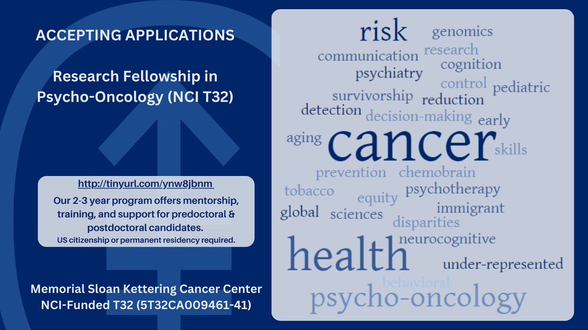 Apply Now to Our Research Fellowship Program! tinyurl.com/ynw8jbnm Our 2-3 year program offers mentorship, training, and support for predoctoral &amp; postdoctoral candidates. US citizenship or permanent residency required. #psychooncology #fellowship #MSKCC"