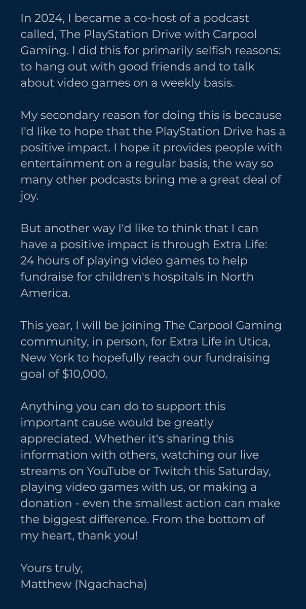 Even the smallest action, can make a big difference.
#ExtraLife2024 @carpoolgaming
extra-life.org/index.cfm?fuse…