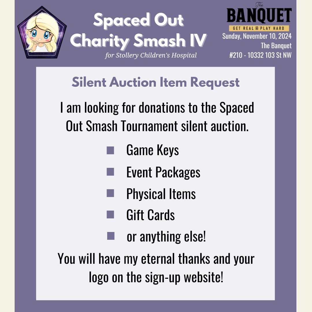 Hey everyone! I announced yesterday my Smash Tournament, and I am really hopeful to do my silent auction alongside it for a third year.

If you have a business with items I can auction off for charity, please send me a DM here or a comment.