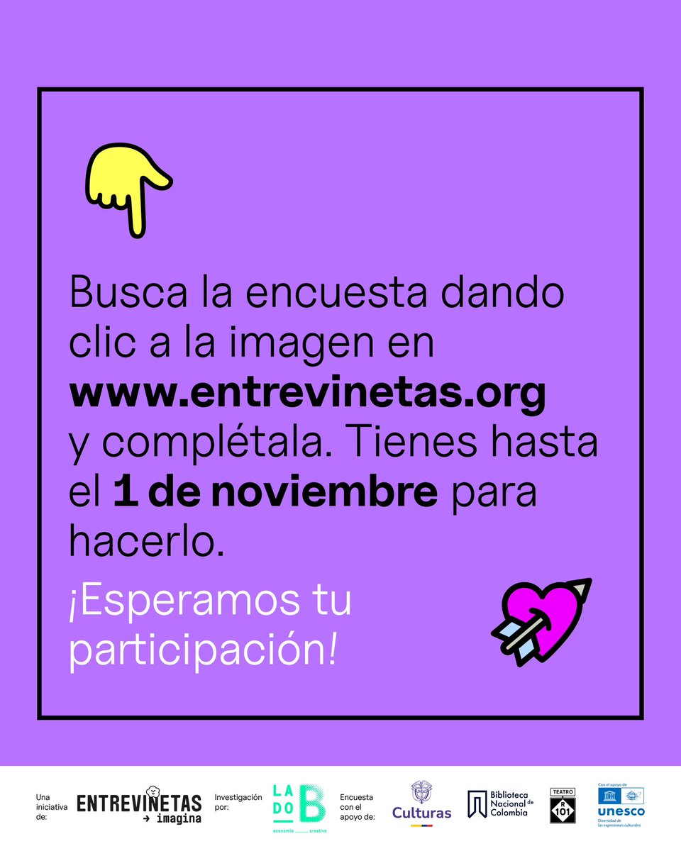 📣 Si eres creadora, editora, gestora, librera o una mujer que trabaja por, para y con el cómic en Colombia, participa en la Encuesta de Caracterización de Agentes Culturales del Cómic en Colombia.

🙌  Entre más voces tengamos, mejor. Participa: bit.ly/encuestacomicc… 👈