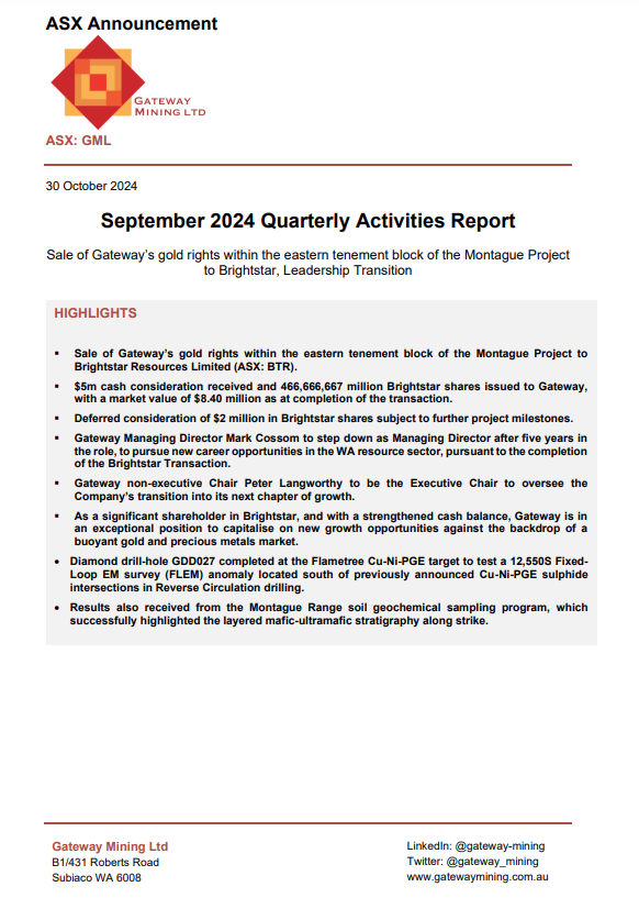 Gateway Mining is pleased to present its September Quarterly Report, with key highlights including the sale of the Company's gold rights at the Montague East Project to Brightstar Resources. 

ow.ly/Xbmr50TVWOA

$GML $BTR #gold #exploration #mining #deals #ASX