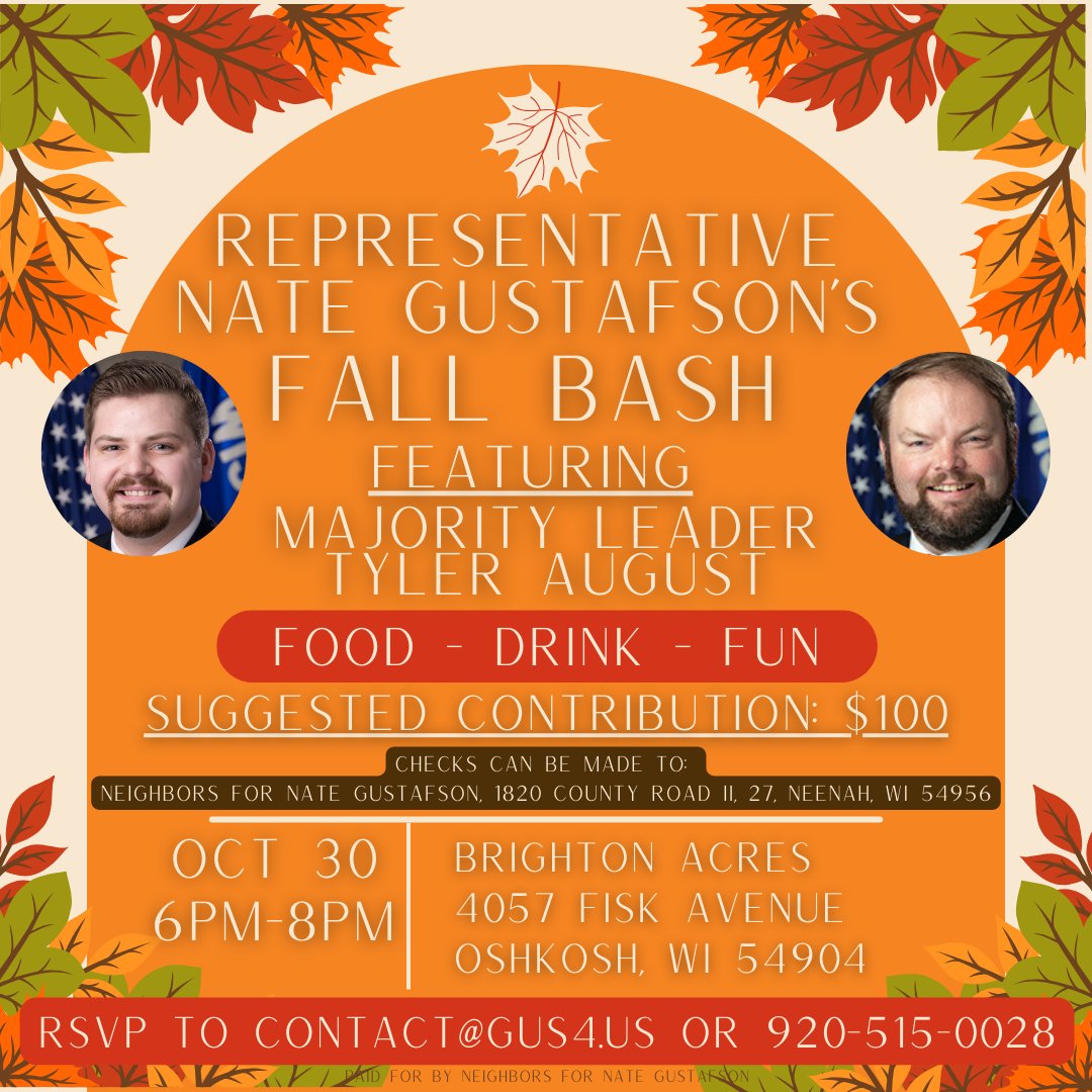 Nate ‘Gus’ Gustafson (@gus_4_us) on Twitter photo Come help me finish strong this campaign cycle and hear from Majority Leader Representative Tyler August what's on the line this year. Join us tomorrow from 6pm-8pm! #Gus4Us
If you would like to give digitally, click here the link below ⬇️ 
secure.winred.com/neighbors-for-… Come help me finish strong this campaign cycle and hear from Majority Leader Representative Tyler August what's on the line this year. Join us tomorrow from 6pm-8pm! #Gus4Us
If you would like to give digitally, click here the link below ⬇️ 
secure.winred.com/neighbors-for-…