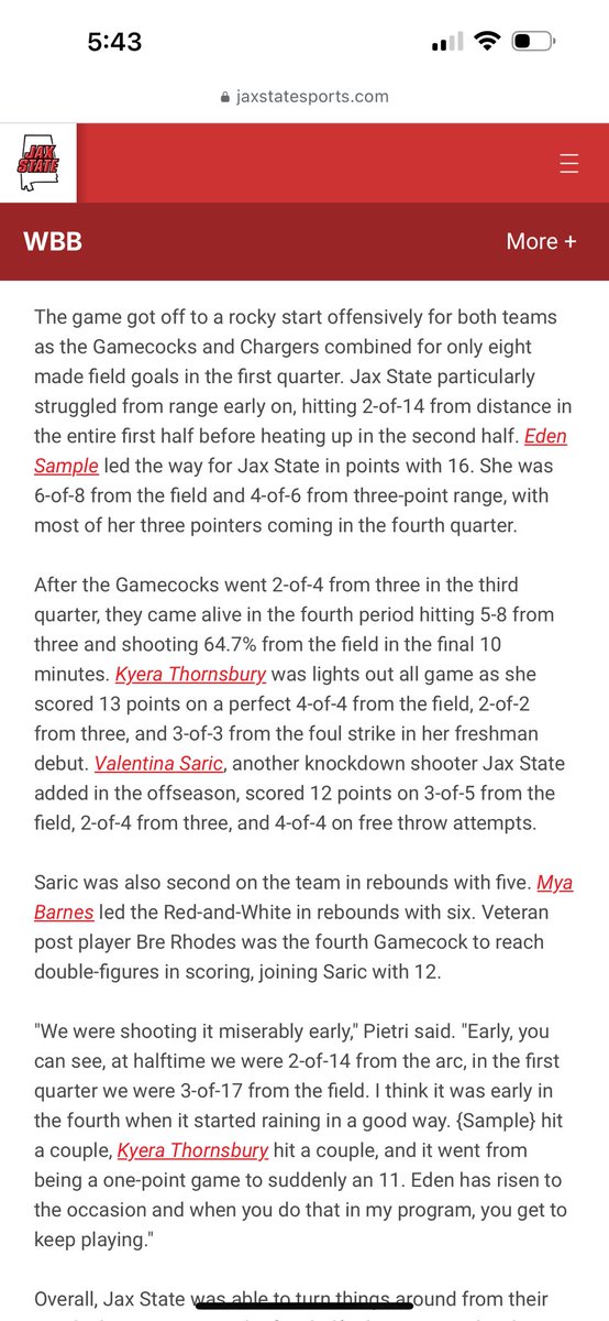 East TN Air (Campos) (@easttnair) on Twitter photo Another shout out to <a href="/kyerathornsbury/">Kyera Thornsbury</a> Big game today. Played lights out shooting 100% from the floor. 13 points and made some nice plays playing for D1 <a href="/JaxStateWBB/">Jacksonville State Women’s Basketball</a> 💪💪💪 Another shout out to <a href="/kyerathornsbury/">Kyera Thornsbury</a> Big game today. Played lights out shooting 100% from the floor. 13 points and made some nice plays playing for D1 <a href="/JaxStateWBB/">Jacksonville State Women’s Basketball</a> 💪💪💪