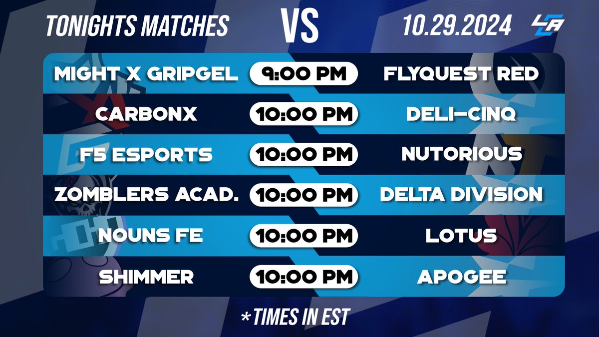 🚨 Tonight's Matches Covered by LCA!🚨

⚔️ <a href="/MIGHT_gg/">MIGHT x Gripgel</a> VS <a href="/FlyQuestRED/">FLY RED</a> 
🎙️ <a href="/cernersandals/">Conner Rhodes</a> 

⚔️ <a href="/CarbonX_GG/">CarbonX</a> VS #DeliCinQ
🎙️ <a href="/Amaster15/">andrew hallman</a> 

⚔️ <a href="/F5_HQs/">F5 Esports</a> VS <a href="/NuToriousGG/">NuTorious</a> 
🎙️ <a href="/cashmmt/">CashMMT</a> 

🔗: IN REPLIES