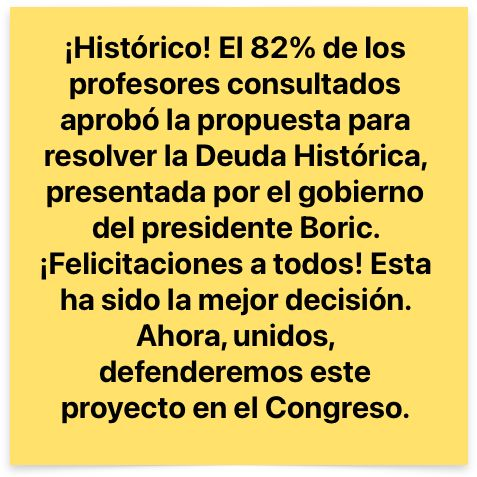 La propuesta fue aceptada por una amplia mayoría y beneficiará a más de 60 mil docentes. Los profesores lucharon durante más de 30 años, atravesando ocho gobiernos sucesivos, para lograr esta reparación. Llegó el momento. Felicidades! #deudahistorica