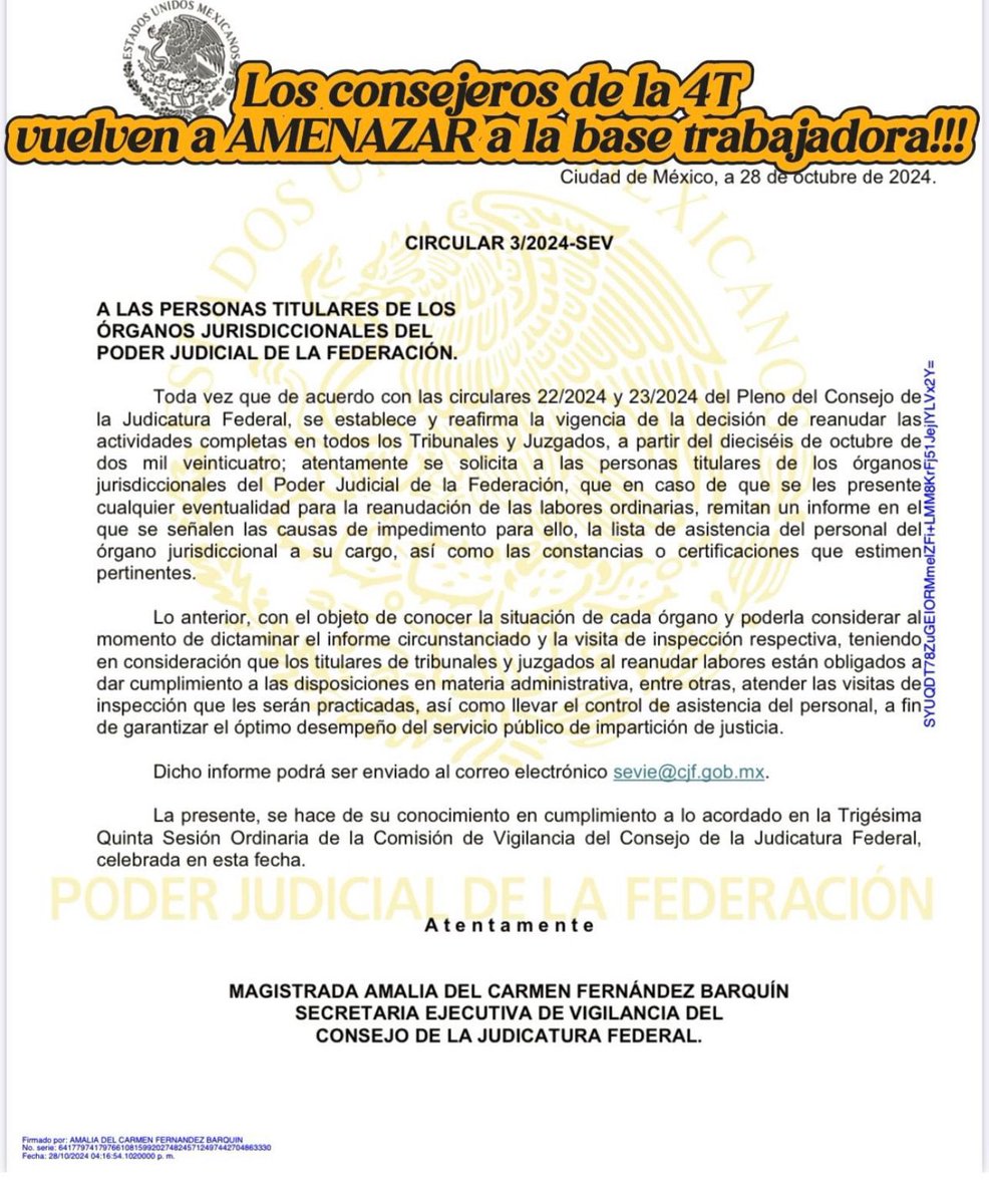 Juzgado18X's tweet photo. Consejeros #4T no se cansan de atacar la #libertad de manifestarse de la base trabajadora.  #Ahora usan de #pretexto las visitas y obligan a los #jueces que ya corrieron a entregar al personal en #paro #pjf #colegaspjf #DerechosHumanos https://t.co/NSvfsOaMv7