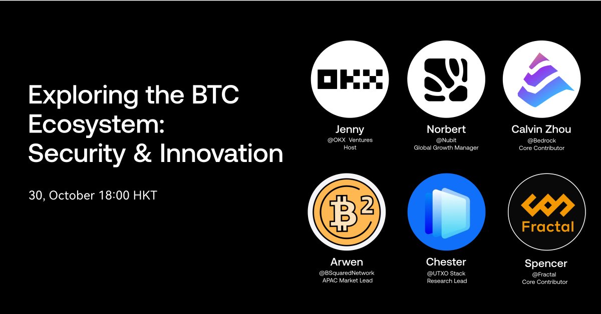 💡 Excited to announce our upcoming Twitter Space: Exploring the Bitcoin Ecosystem: Innovation &amp; Security! 
📅 Date: Oct 30
⏰ Time: 18:00 PM HKT

Speakers:
<a href="/nubit_org/">Nubit | Bitcoin Thunderbolt</a>
<a href="/Bedrock_DeFi/">Bedrock | Liquid BTC Restaking 🟠</a>
<a href="/BSquaredNetwork/">B² Network | Scaling Bitcoin</a>
<a href="/utxostack/">UTXO Stack FlashPurr ⚡️🐱</a>
<a href="/fractal_bitcoin/">Fractal Bitcoin</a>

x.com/i/spaces/1OwxW…

Join the discussion and
