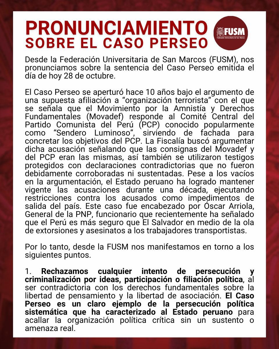 cesarcombina's tweet photo. La Federación de San Marcos sale a defender al MOVADEF. Es hora de una total auditoria a las universidades públicas: Presupuestos, concursos, elecciones y situación de los alumnos ¡LA UNIVERSIDAD NOS PERTENECE, NO A LOS RADICALES! https://t.co/Q4vwhcE9Y1
